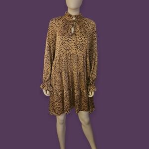 MERITT Satin Leopard Cheetah Print Tiered Ruffle High Neck Keyhole Dress